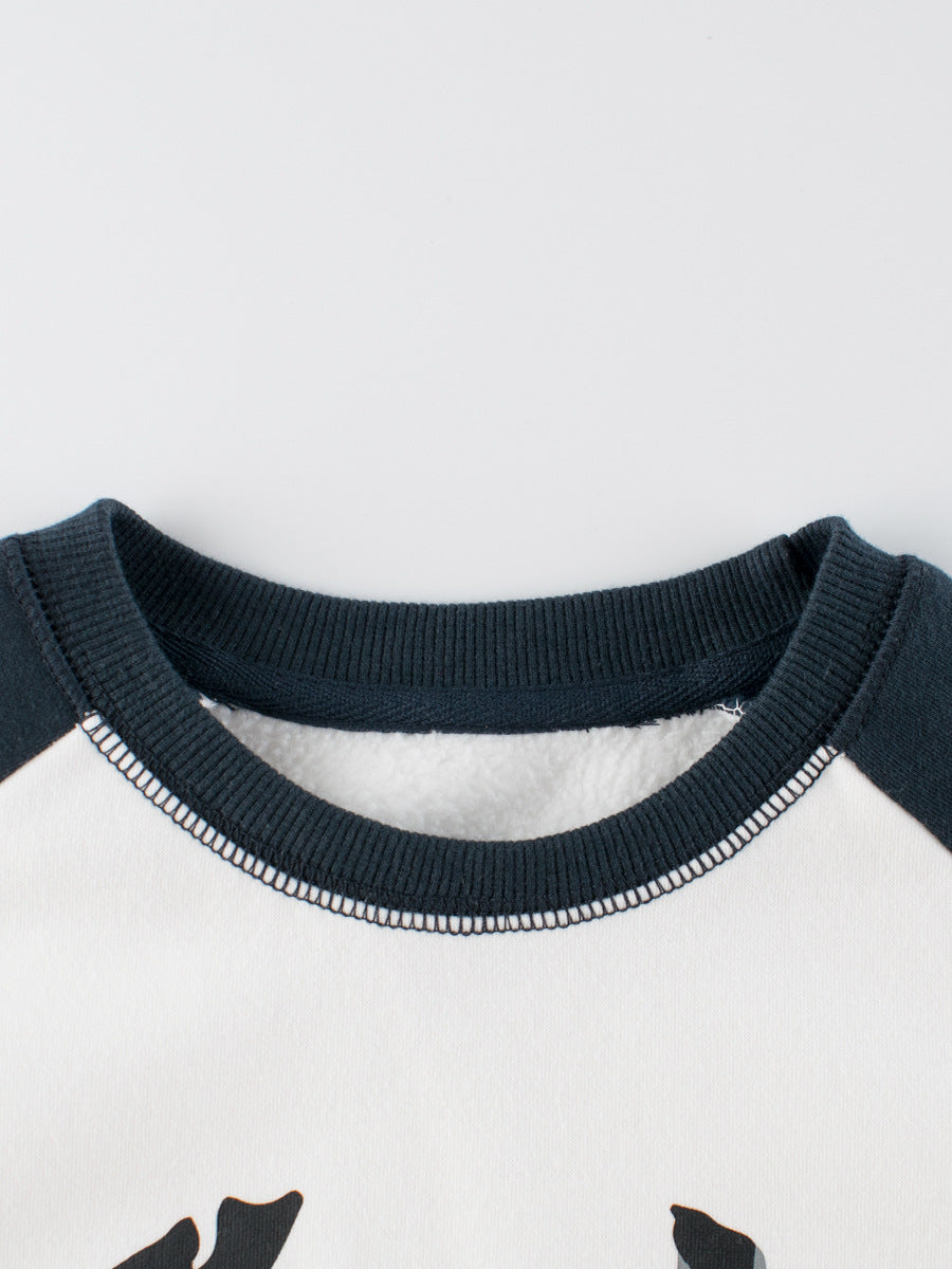 Kids fleece pullover featuring cartoon pet dogs design in navy blue, suitable for boys and girls.