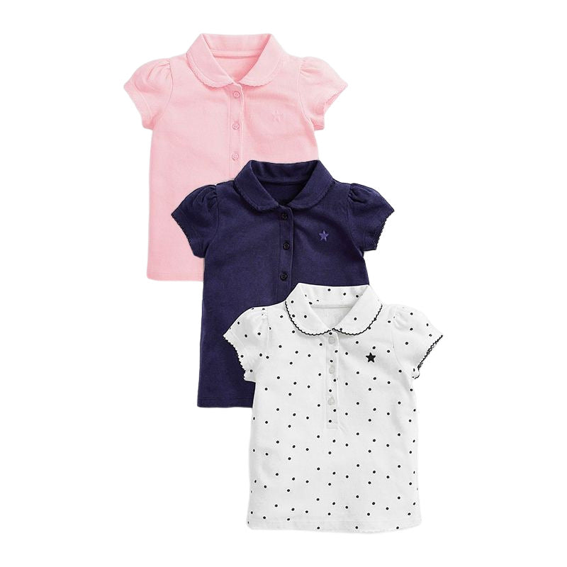 Kids’ Collar Flip Pure Cotton Star Logo shirt in white, pink, and navy blue, showcasing polka dot and embroidered patterns.