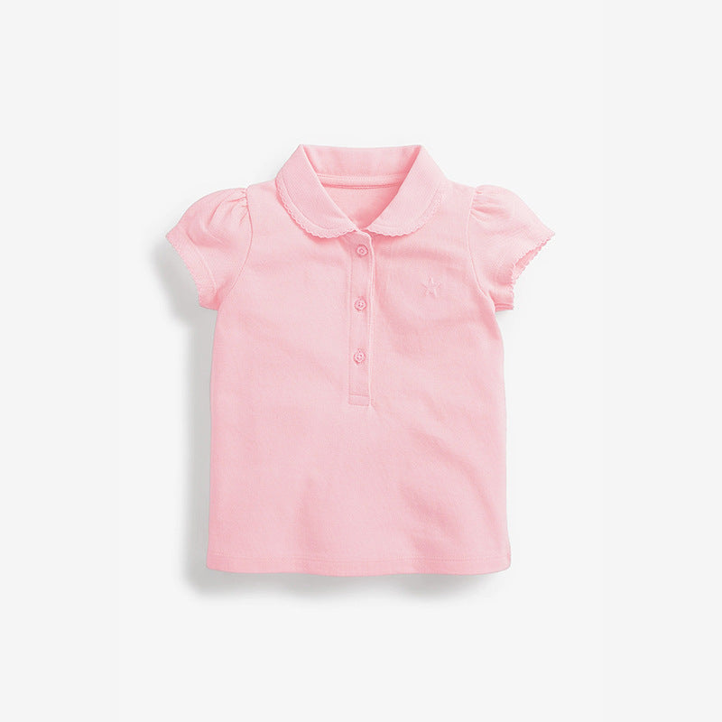 Kids’ Collar Flip Pure Cotton Star Logo shirt in white, pink, and navy blue, showcasing polka dot and embroidered patterns.