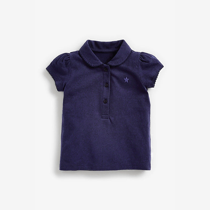 Kids’ Collar Flip Pure Cotton Star Logo shirt in white, pink, and navy blue, showcasing polka dot and embroidered patterns.