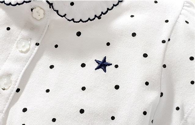 Kids’ Collar Flip Pure Cotton Star Logo shirt in white, pink, and navy blue, showcasing polka dot and embroidered patterns.