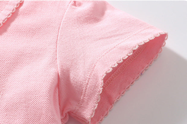 Kids’ Collar Flip Pure Cotton Star Logo shirt in white, pink, and navy blue, showcasing polka dot and embroidered patterns.