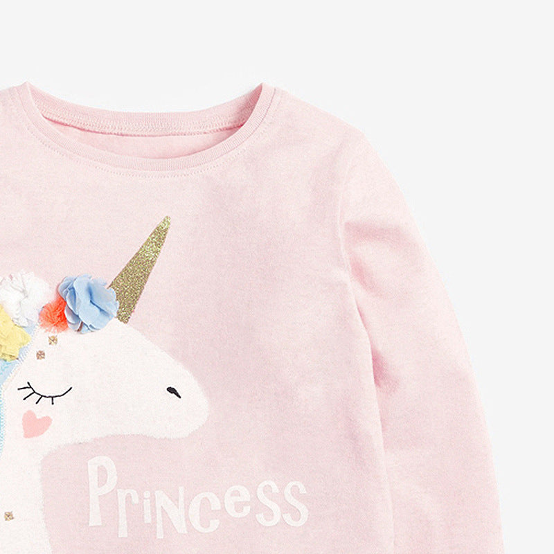 Kids Girls Floral Unicorn Cartoon Pattern Pullover in pink, featuring a whimsical unicorn design, perfect for young girls.
