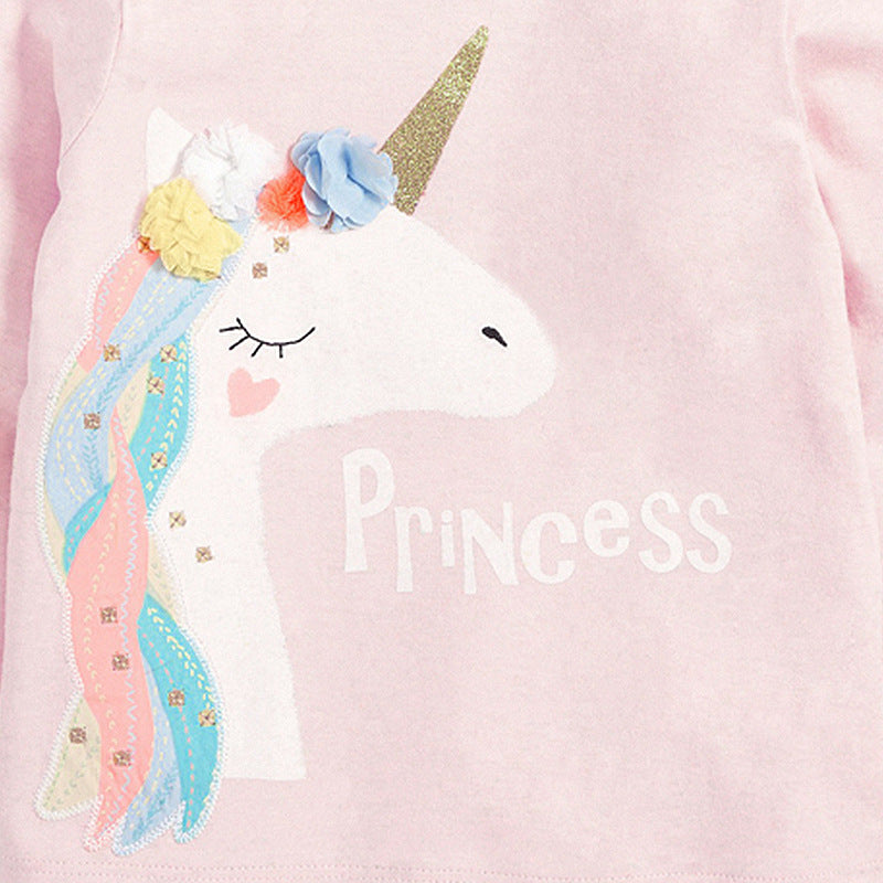 Kids Girls Floral Unicorn Cartoon Pattern Pullover in pink, featuring a whimsical unicorn design, perfect for young girls.