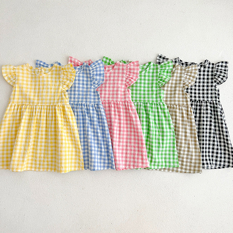 Kids Girls Plaid Short Sleeves Princess Dress in vibrant colors, showcasing a stylish plaid pattern suitable for summer wear.