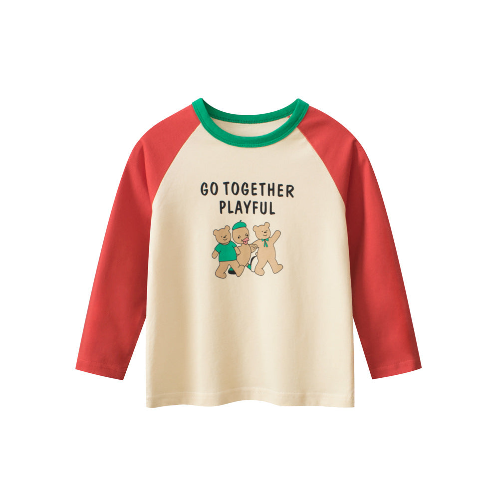 Kids Girls Teddy Bear Cartoon Print Crew Neck Long Sleeves in red and green colors, made of soft cotton, perfect for spring and autumn.