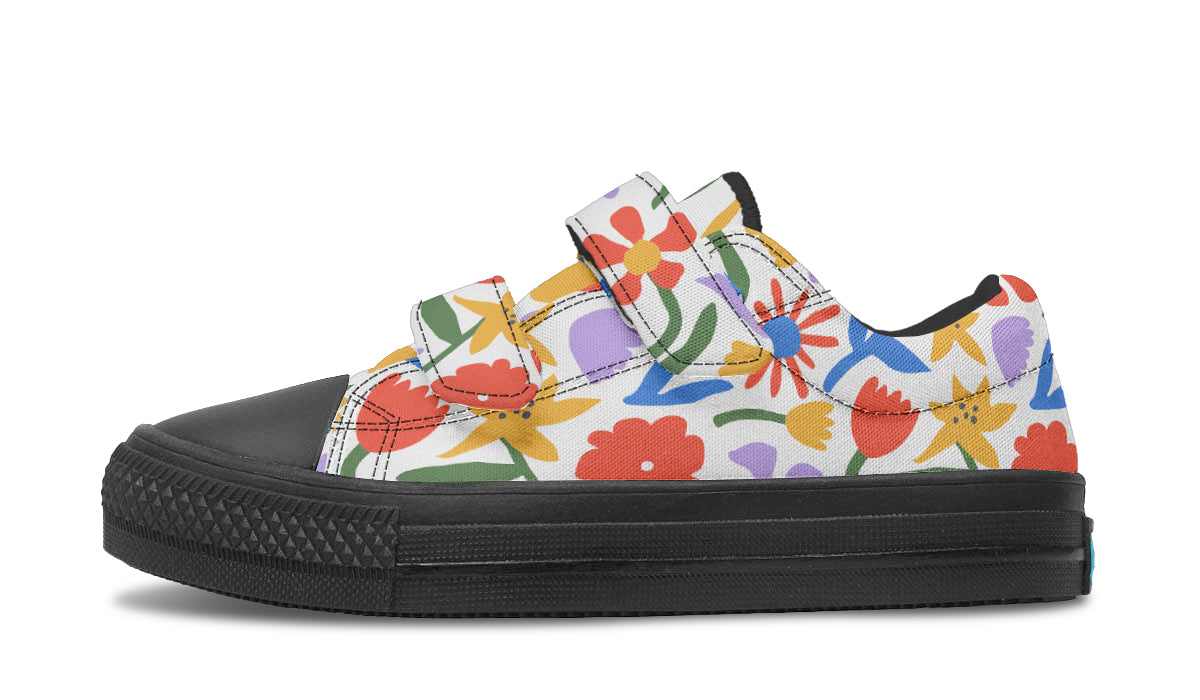 Kids low top shoes featuring vibrant abstract flower patterns, designed for comfort and style.