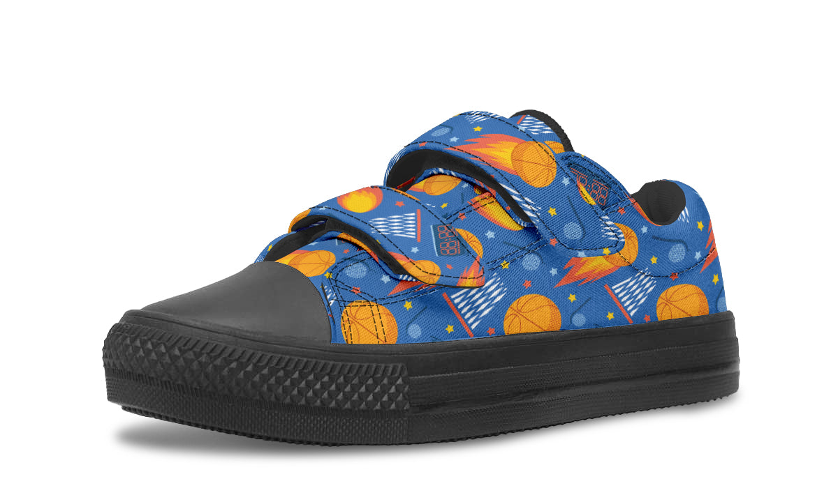 Colorful kids low top basketball shoes with rubber outsole and canvas fabric, featuring vibrant prints and a comfortable design.