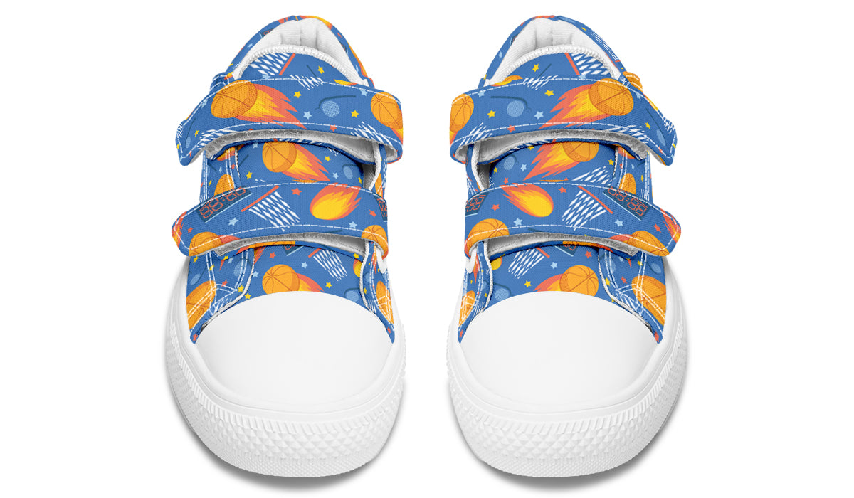 Colorful kids low top basketball shoes with rubber outsole and canvas fabric, featuring vibrant prints and a comfortable design.