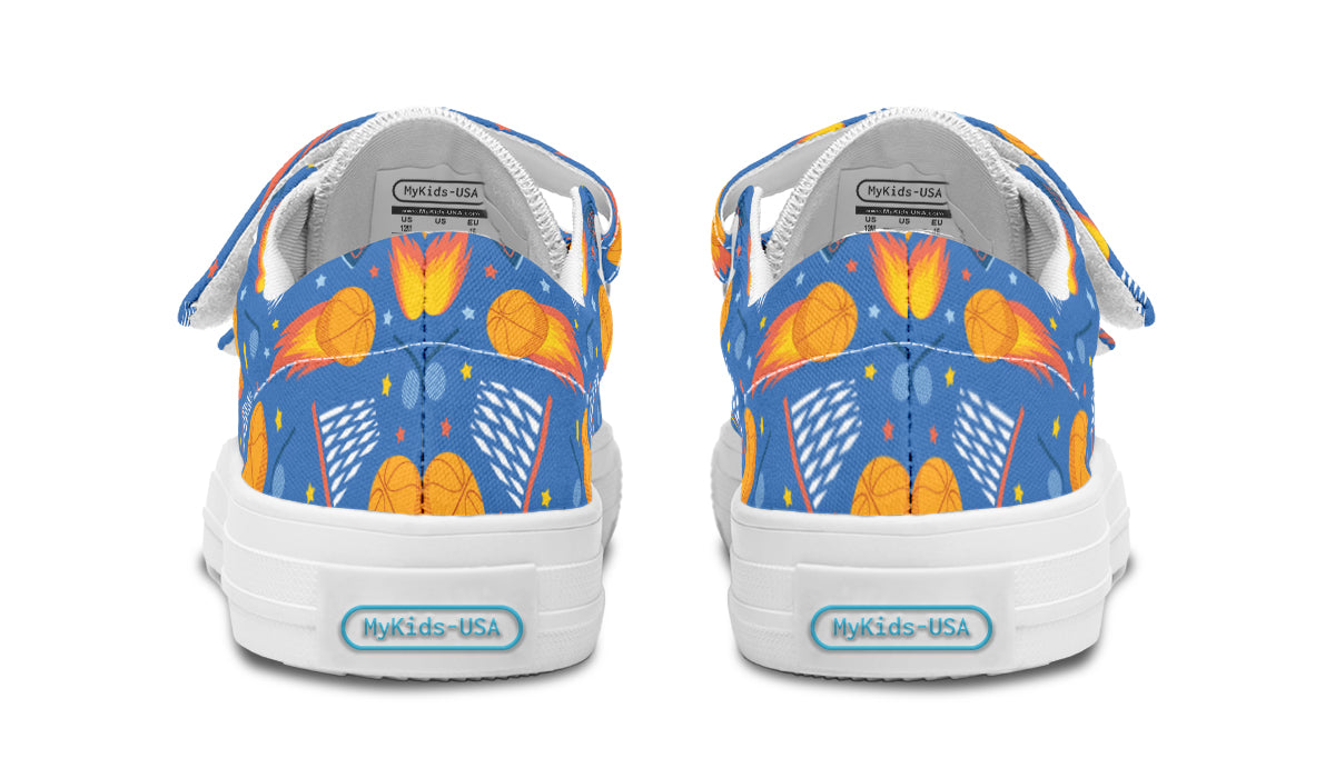 Colorful kids low top basketball shoes with rubber outsole and canvas fabric, featuring vibrant prints and a comfortable design.