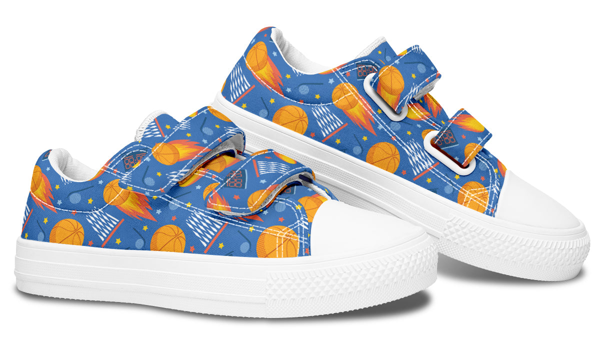 Colorful kids low top basketball shoes with rubber outsole and canvas fabric, featuring vibrant prints and a comfortable design.