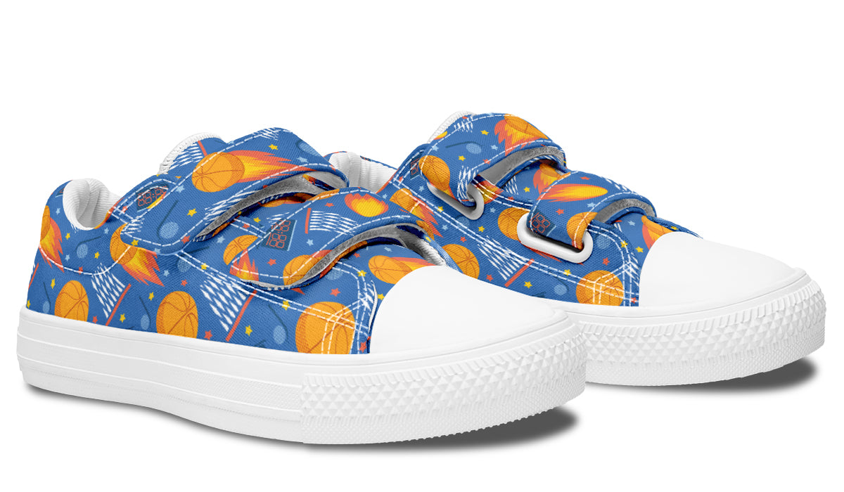 Colorful kids low top basketball shoes with rubber outsole and canvas fabric, featuring vibrant prints and a comfortable design.