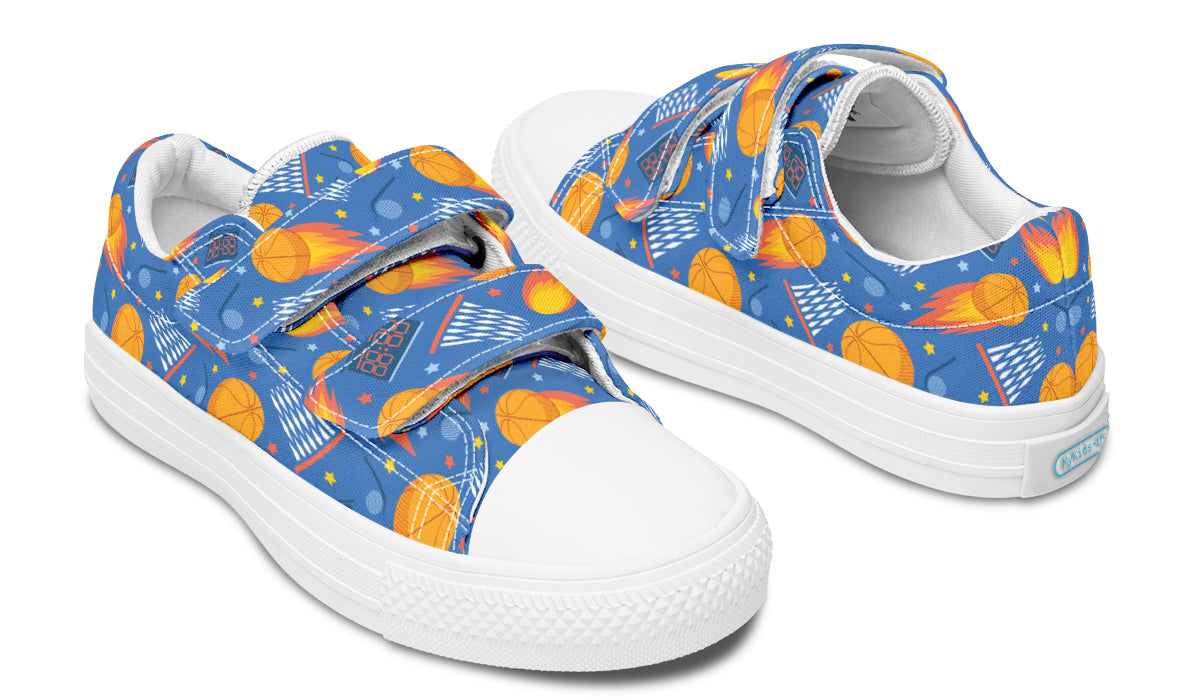 Colorful kids low top basketball shoes with rubber outsole and canvas fabric, featuring vibrant prints and a comfortable design.