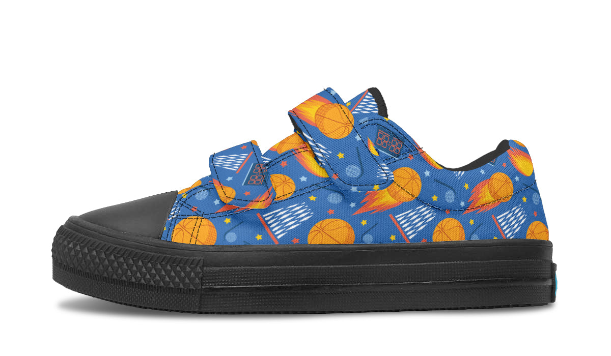 Colorful kids low top basketball shoes with rubber outsole and canvas fabric, featuring vibrant prints and a comfortable design.