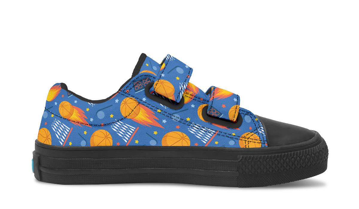 Colorful kids low top basketball shoes with rubber outsole and canvas fabric, featuring vibrant prints and a comfortable design.