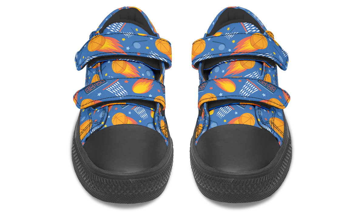 Colorful kids low top basketball shoes with rubber outsole and canvas fabric, featuring vibrant prints and a comfortable design.