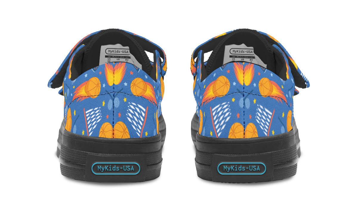 Colorful kids low top basketball shoes with rubber outsole and canvas fabric, featuring vibrant prints and a comfortable design.