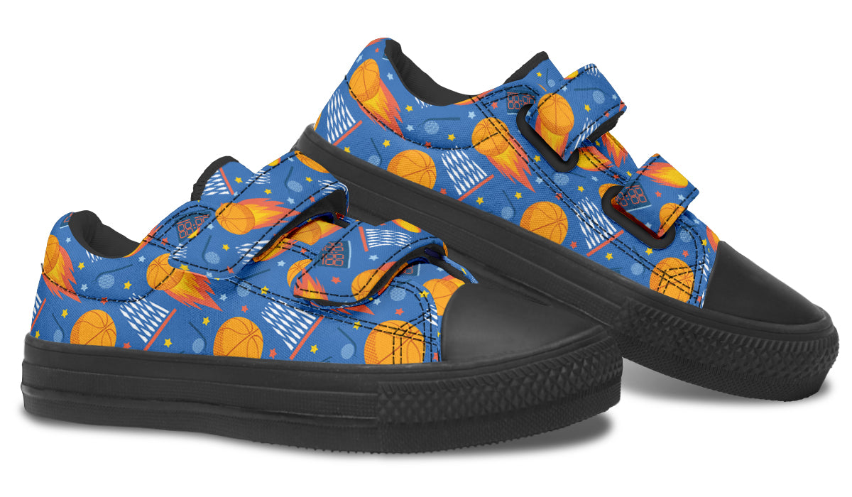 Colorful kids low top basketball shoes with rubber outsole and canvas fabric, featuring vibrant prints and a comfortable design.