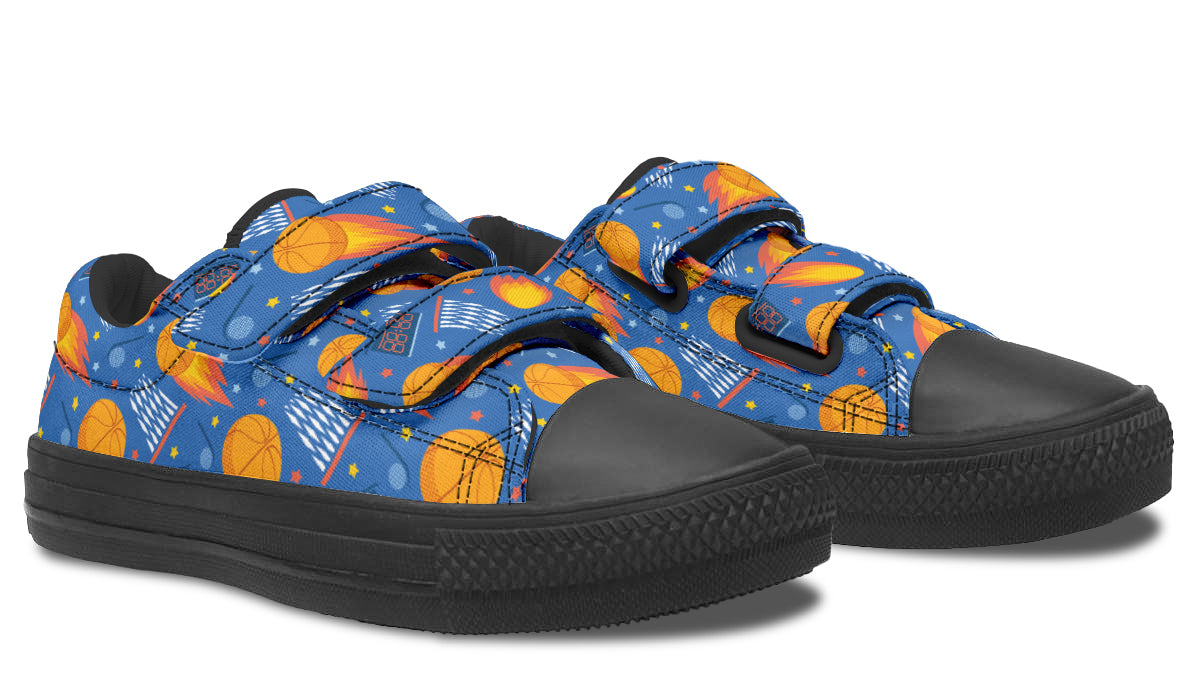 Colorful kids low top basketball shoes with rubber outsole and canvas fabric, featuring vibrant prints and a comfortable design.
