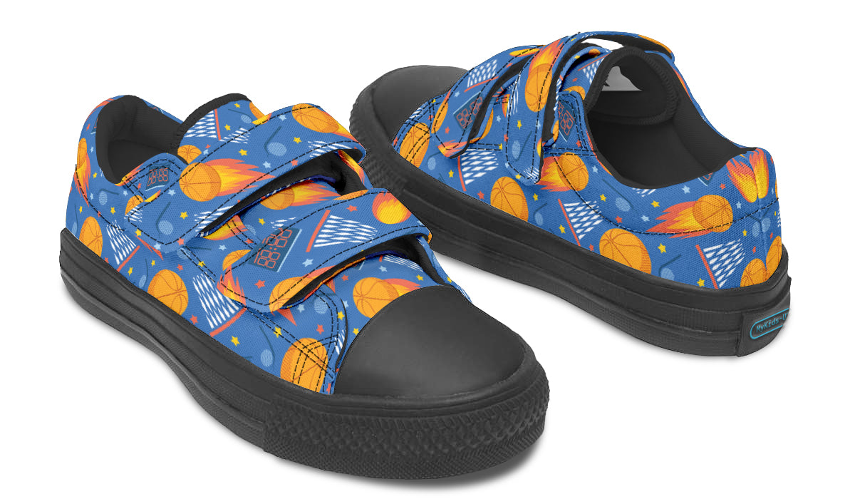 Colorful kids low top basketball shoes with rubber outsole and canvas fabric, featuring vibrant prints and a comfortable design.