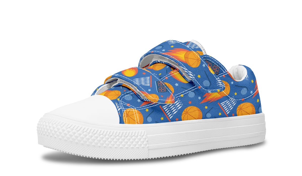 Colorful kids low top basketball shoes with rubber outsole and canvas fabric, featuring vibrant prints and a comfortable design.