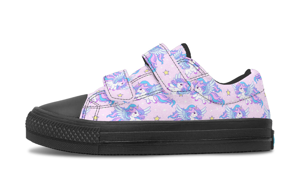 Kids Shoes Low Tops featuring a colorful flying unicorn design, made from durable canvas with a rubber outsole.