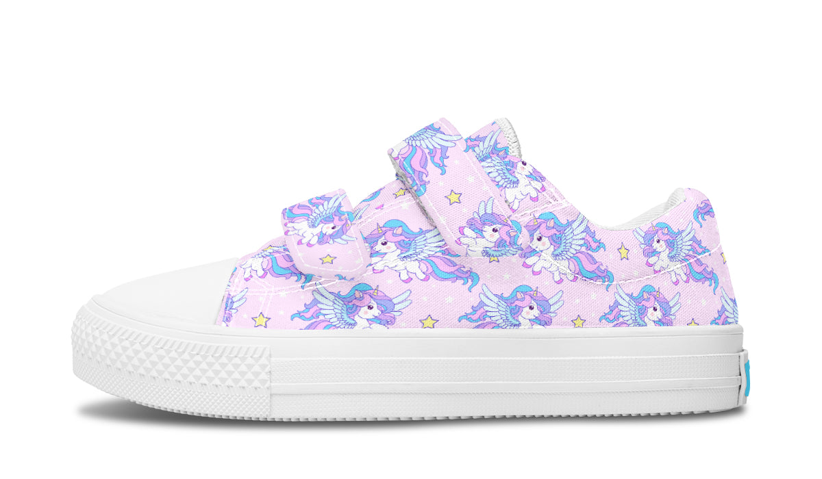 Kids Shoes Low Tops featuring a colorful flying unicorn design, made from durable canvas with a rubber outsole.