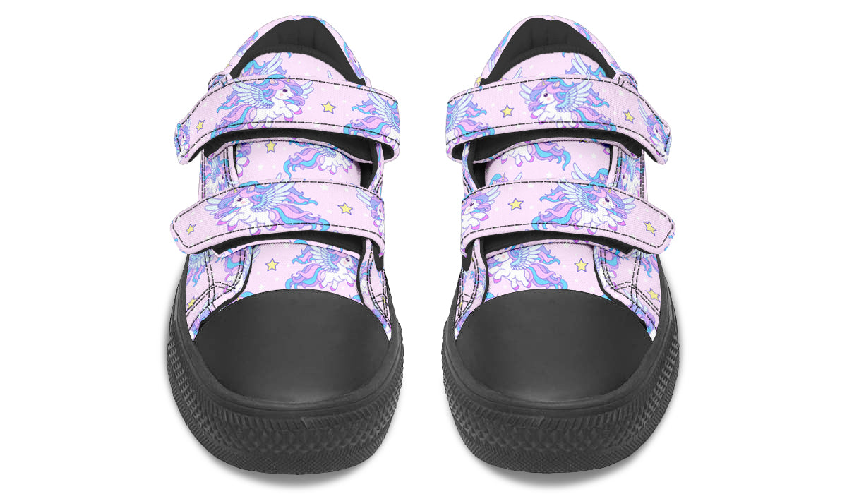 Kids Shoes Low Tops featuring a colorful flying unicorn design, made from durable canvas with a rubber outsole.