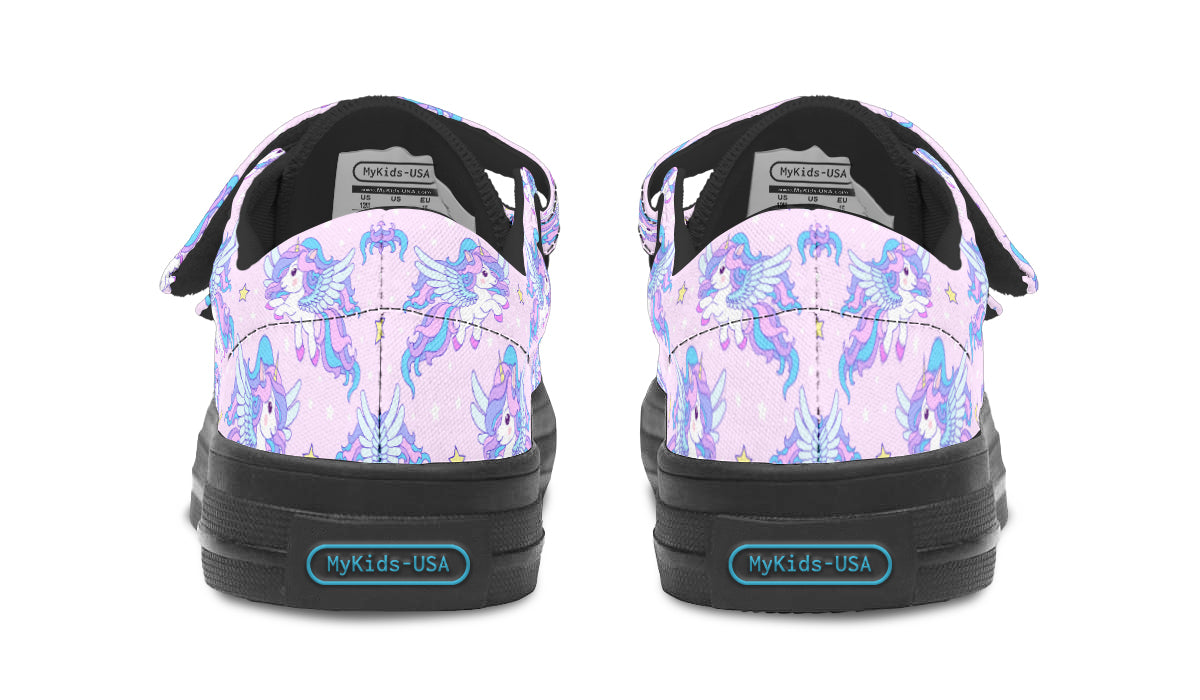 Kids Shoes Low Tops featuring a colorful flying unicorn design, made from durable canvas with a rubber outsole.