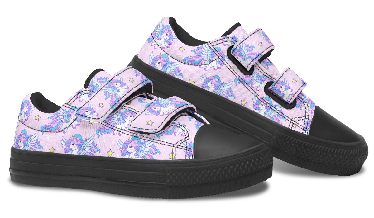 Kids Shoes Low Tops featuring a colorful flying unicorn design, made from durable canvas with a rubber outsole.
