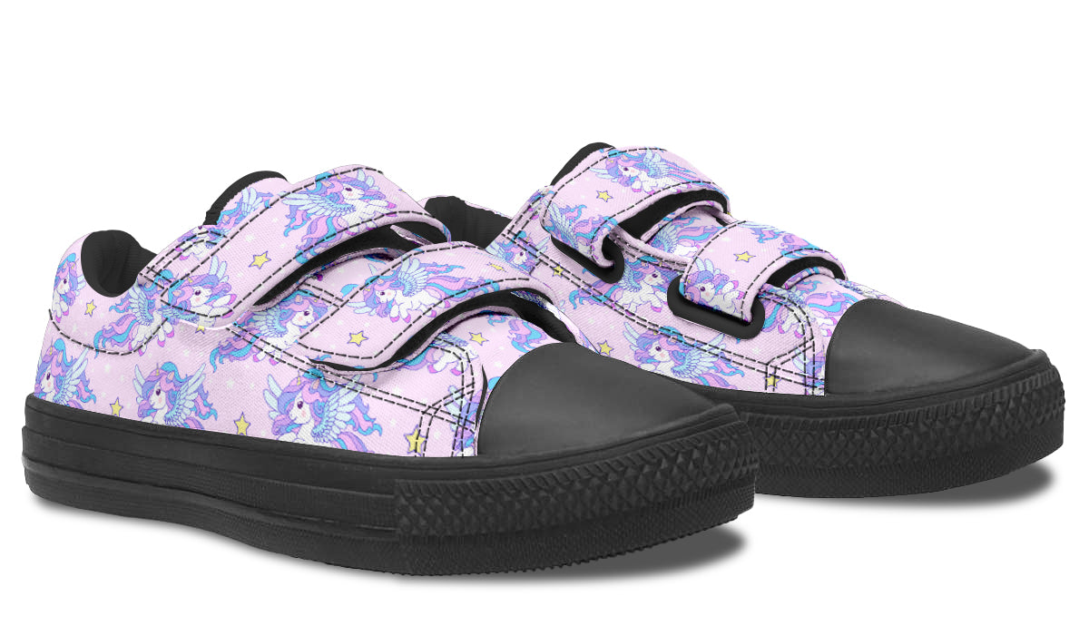 Kids Shoes Low Tops featuring a colorful flying unicorn design, made from durable canvas with a rubber outsole.