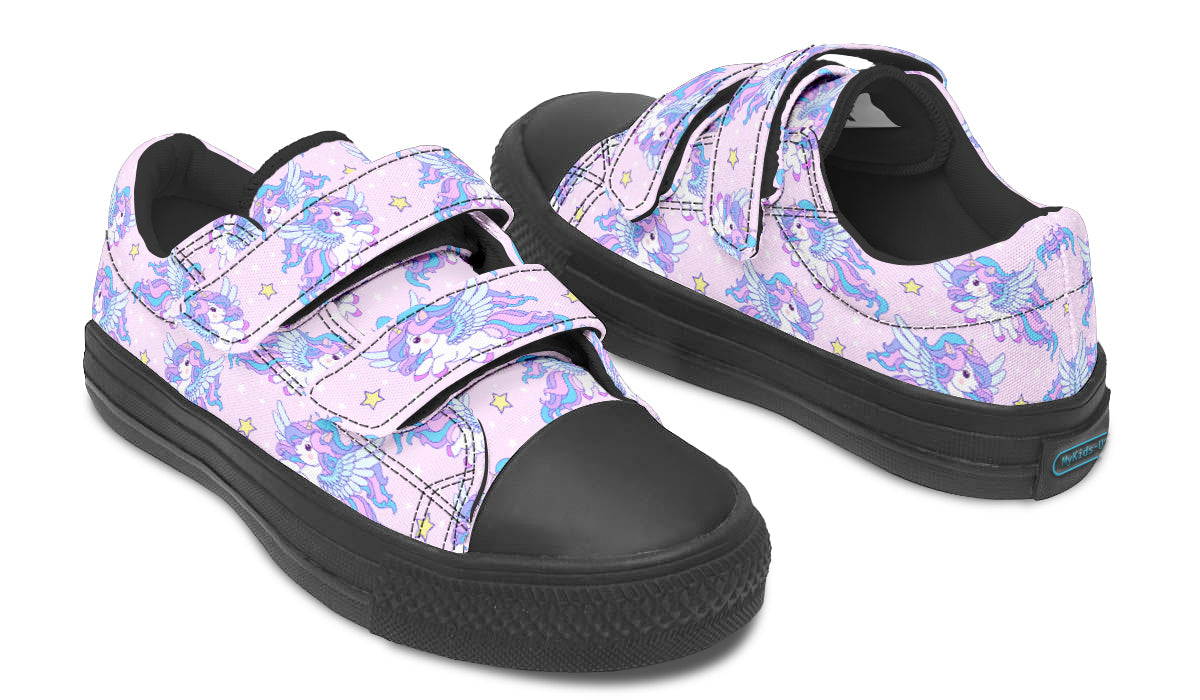 Kids Shoes Low Tops featuring a colorful flying unicorn design, made from durable canvas with a rubber outsole.