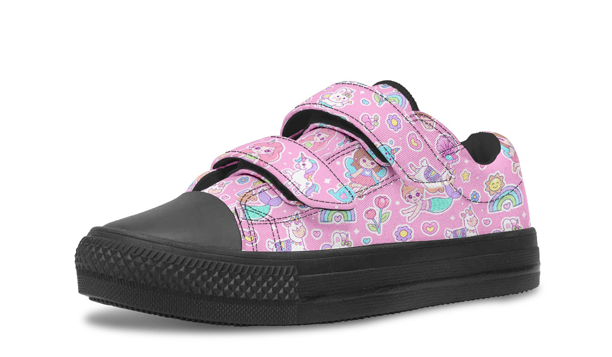 Colorful Kids Shoes Low Tops featuring mermaid and unicorn designs, made from canvas with rubber outsole.