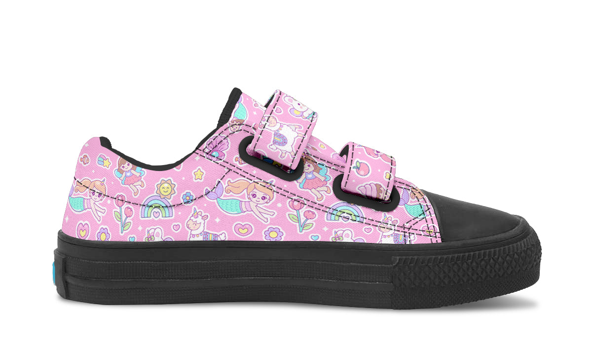 Colorful Kids Shoes Low Tops featuring mermaid and unicorn designs, made from canvas with rubber outsole.