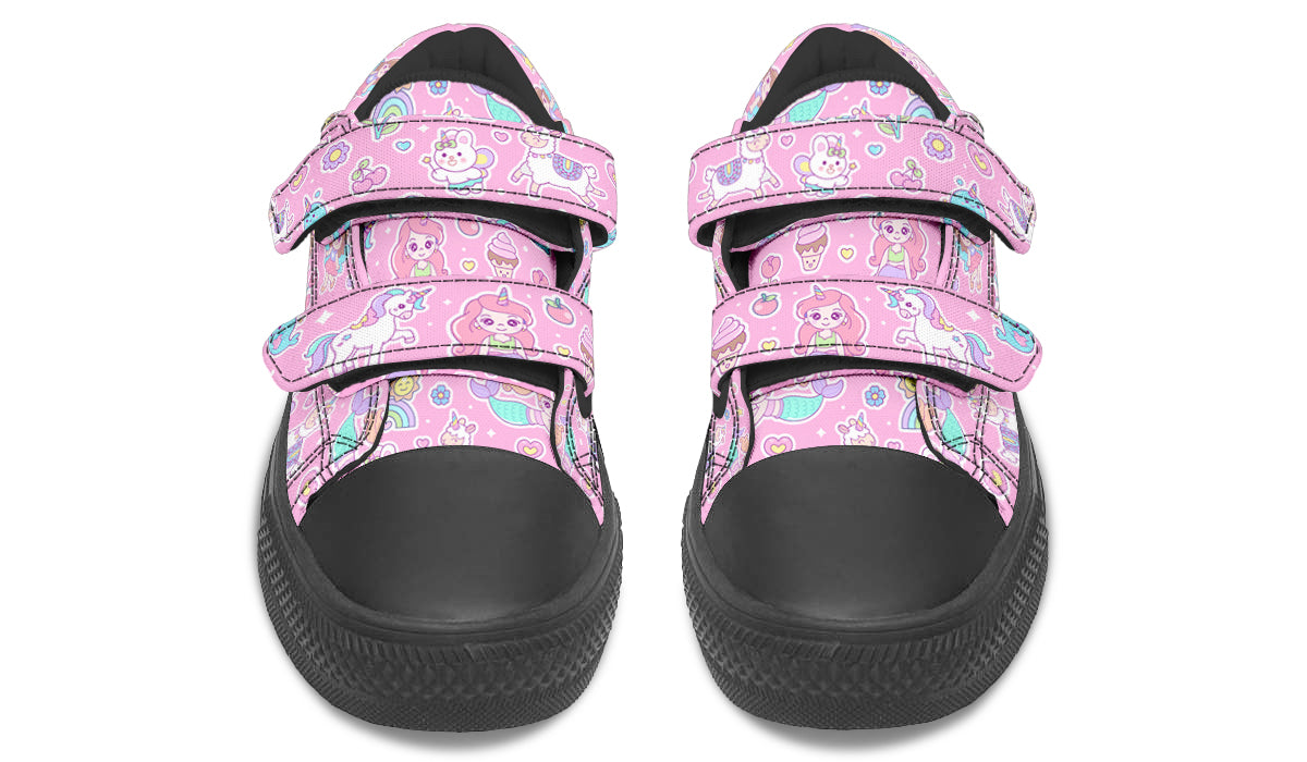 Colorful Kids Shoes Low Tops featuring mermaid and unicorn designs, made from canvas with rubber outsole.