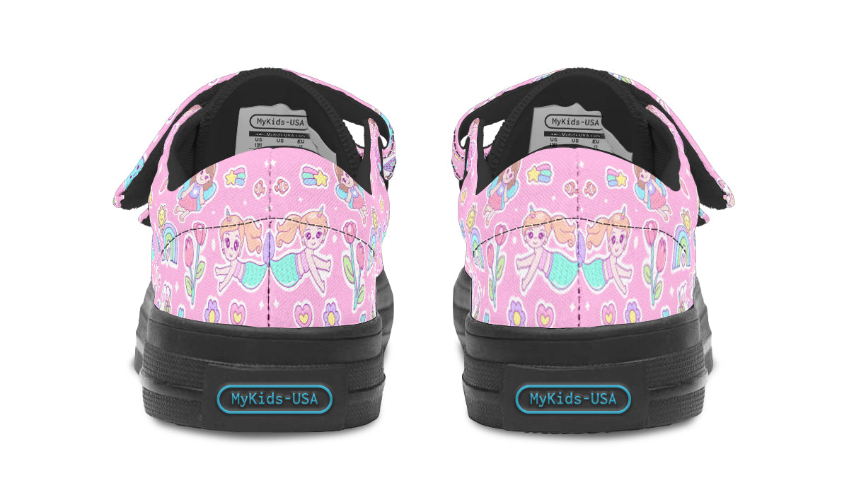Colorful Kids Shoes Low Tops featuring mermaid and unicorn designs, made from canvas with rubber outsole.