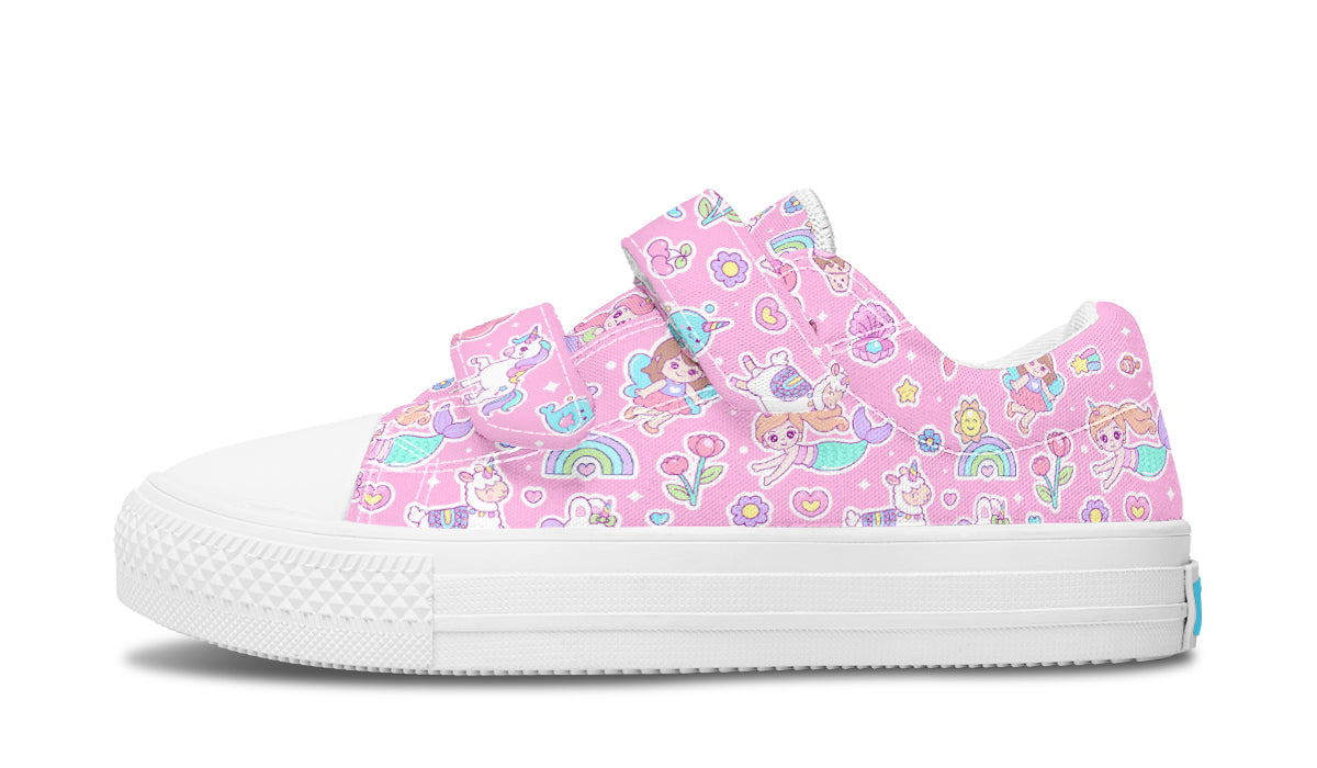 Colorful Kids Shoes Low Tops featuring mermaid and unicorn designs, made from canvas with rubber outsole.