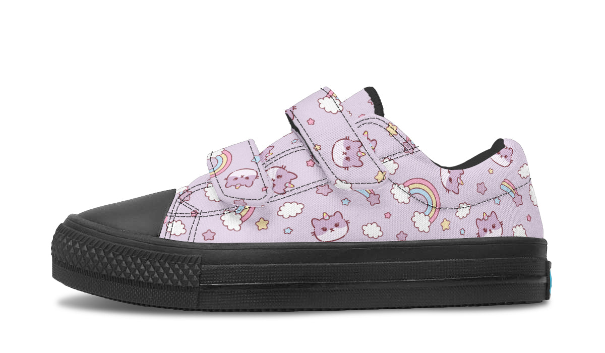 Colorful kids low top shoes featuring rainbow and cat designs, perfect for playful and stylish children.