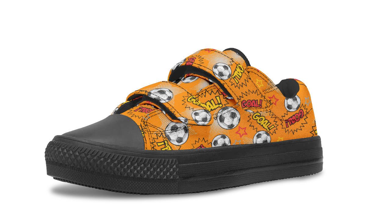 Colorful kids low top soccer shoes with rubber outsole and canvas fabric, perfect for young athletes.