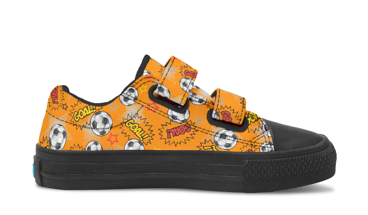 Colorful kids low top soccer shoes with rubber outsole and canvas fabric, perfect for young athletes.