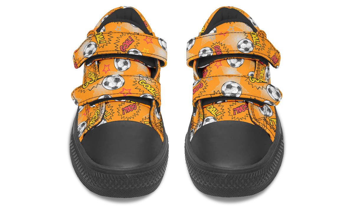 Colorful kids low top soccer shoes with rubber outsole and canvas fabric, perfect for young athletes.