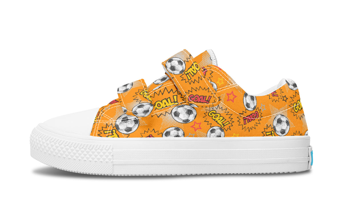 Colorful kids low top soccer shoes with rubber outsole and canvas fabric, perfect for young athletes.