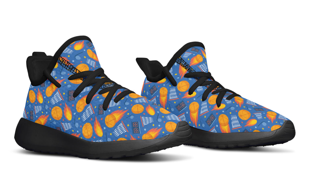 Colorful kids basketball sneakers with breathable mesh and removable insoles, designed for comfort and style.