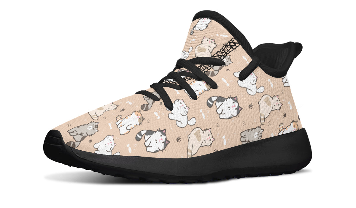 Colorful kids sneakers featuring playful cat designs, lightweight and breathable mesh material.