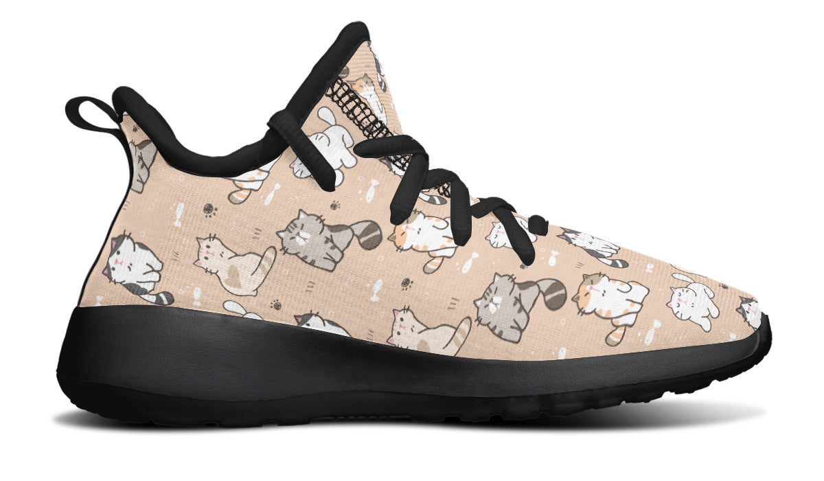 Colorful kids sneakers featuring playful cat designs, lightweight and breathable mesh material.