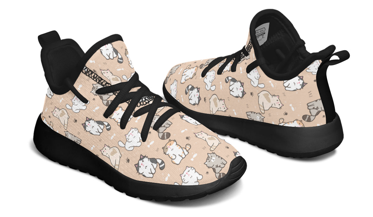 Colorful kids sneakers featuring playful cat designs, lightweight and breathable mesh material.