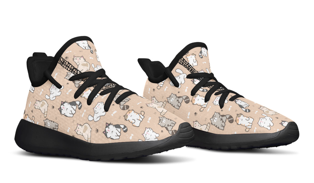 Colorful kids sneakers featuring playful cat designs, lightweight and breathable mesh material.