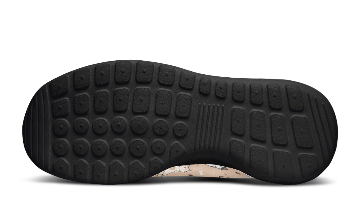 Colorful kids sneakers featuring playful cat designs, lightweight and breathable mesh material.