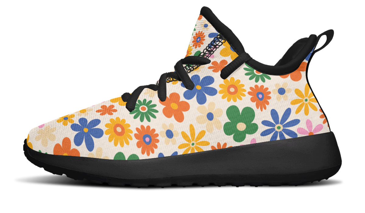 Colorful flower print kids sneakers designed for comfort and style, featuring breathable mesh and a removable insole.
