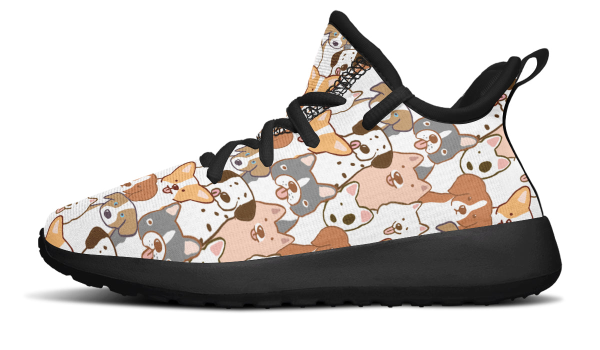Colorful kids sneakers featuring playful dog designs, made from breathable mesh material.